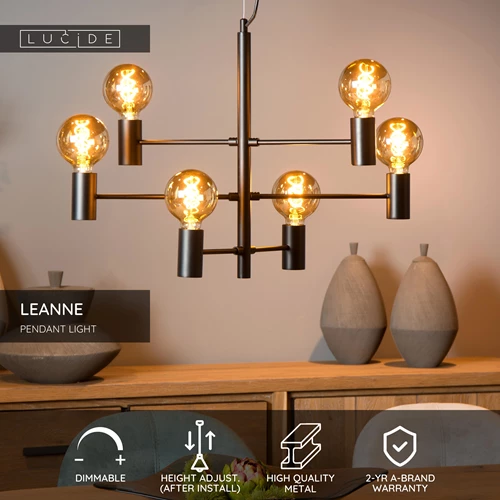 Lucide LEANNE - Pendant light - 6xE27 - Black - USP